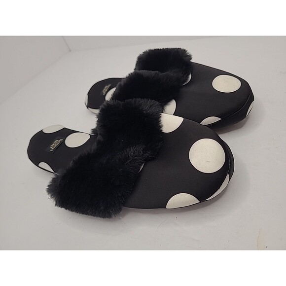 Victorias Secret Slippers Shoes  Size 5/6 Satin Faux Fur Trim Polka Dot - Picture 2 of 9